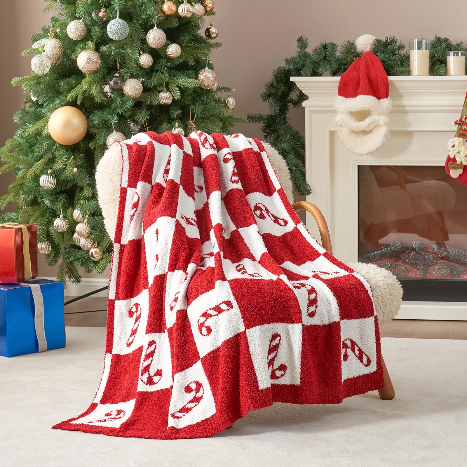 Snuggle Sac front view red candy cane throw showcasing festive pattern and cozy appeal