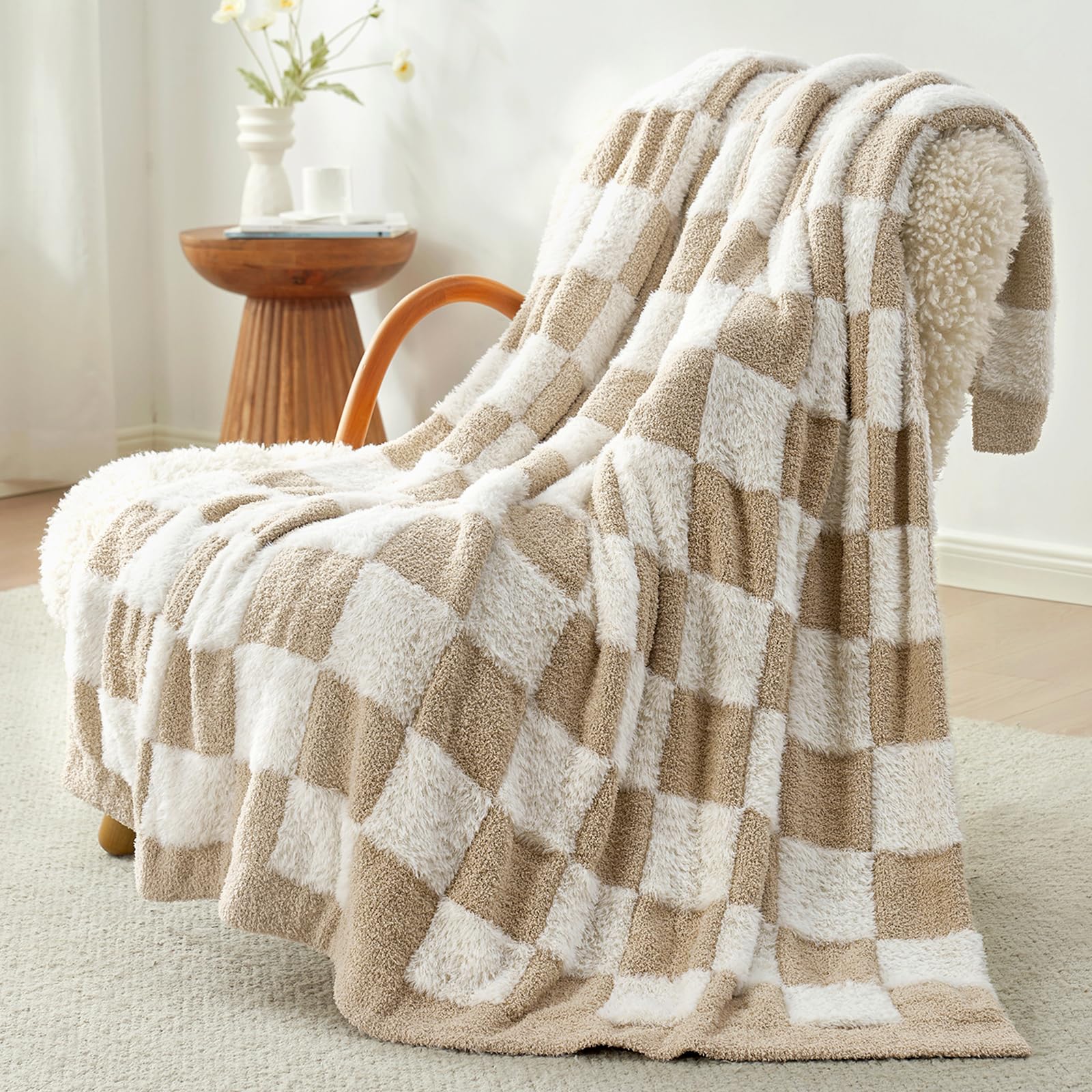 Snuggle Sac front view of beige checkered throw showing pattern and drape for stylish decor