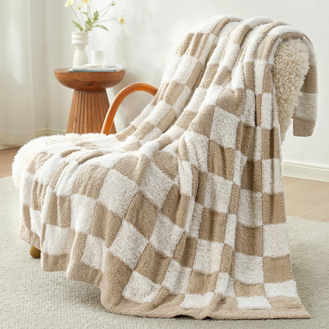 Snuggle Sac front view of beige checkered throw showing pattern and drape for stylish decor