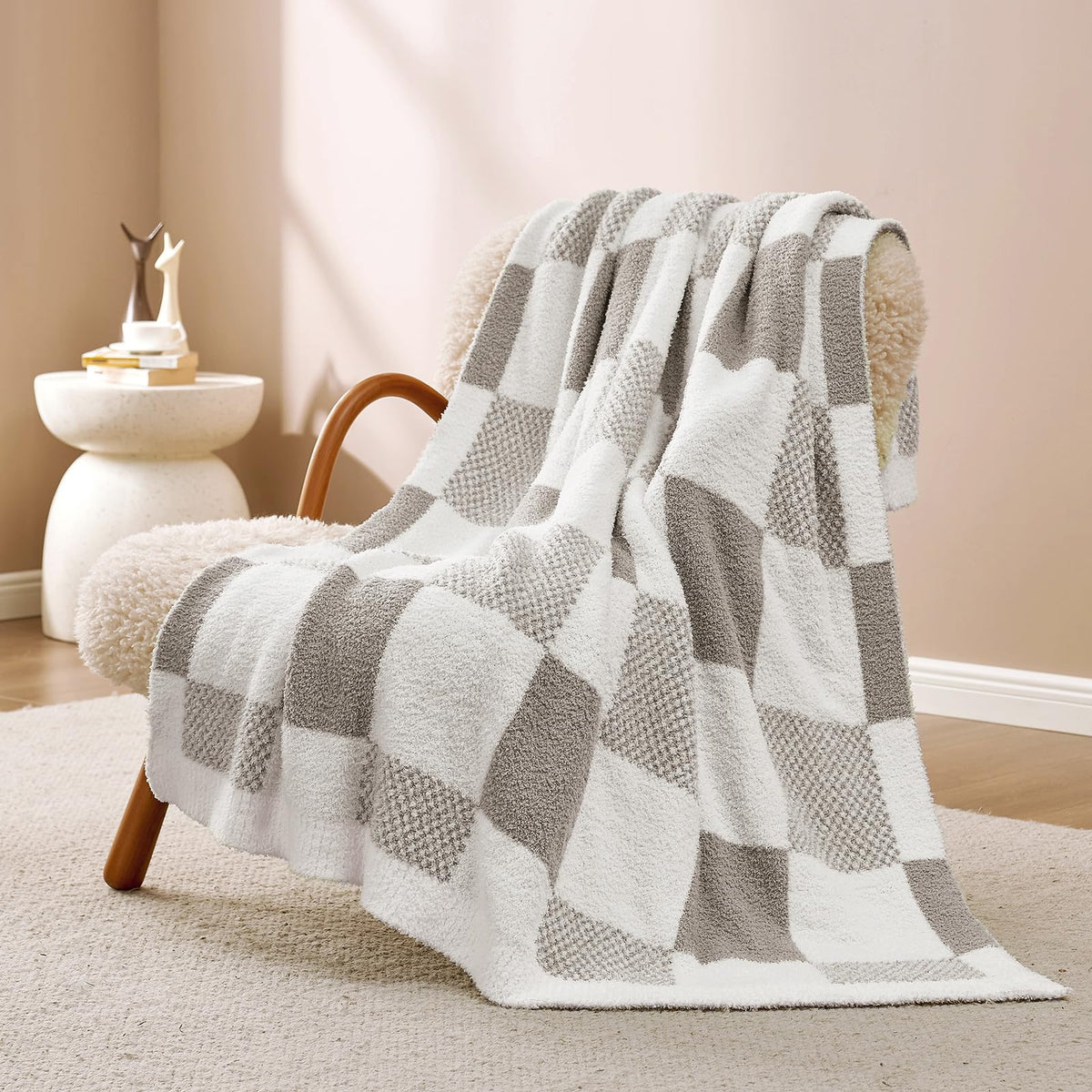 Snuggle Sac front view grey throw showcasing checkered design and cozy appeal