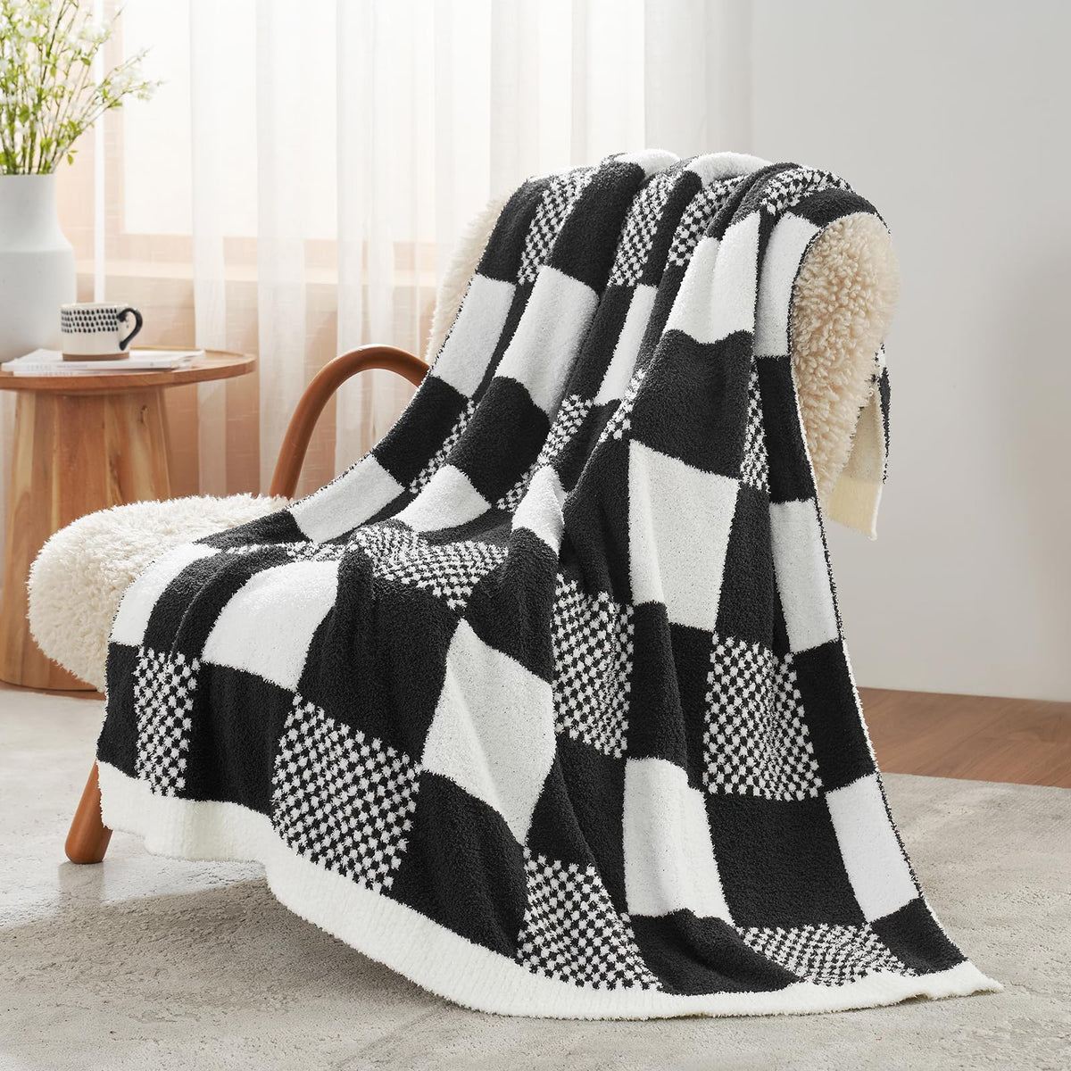 Snuggle Sac front view of checkered throw showcasing elegant plaid and warmth