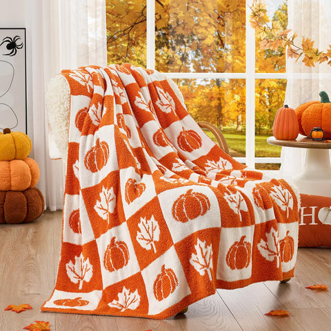 Snuggle Sac front view showing full orange checkered fall blanket, adds seasonal coziness