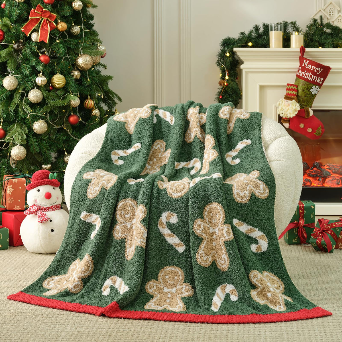 Snuggle Sac front view of green gingerbread throw showing festive design and comfort