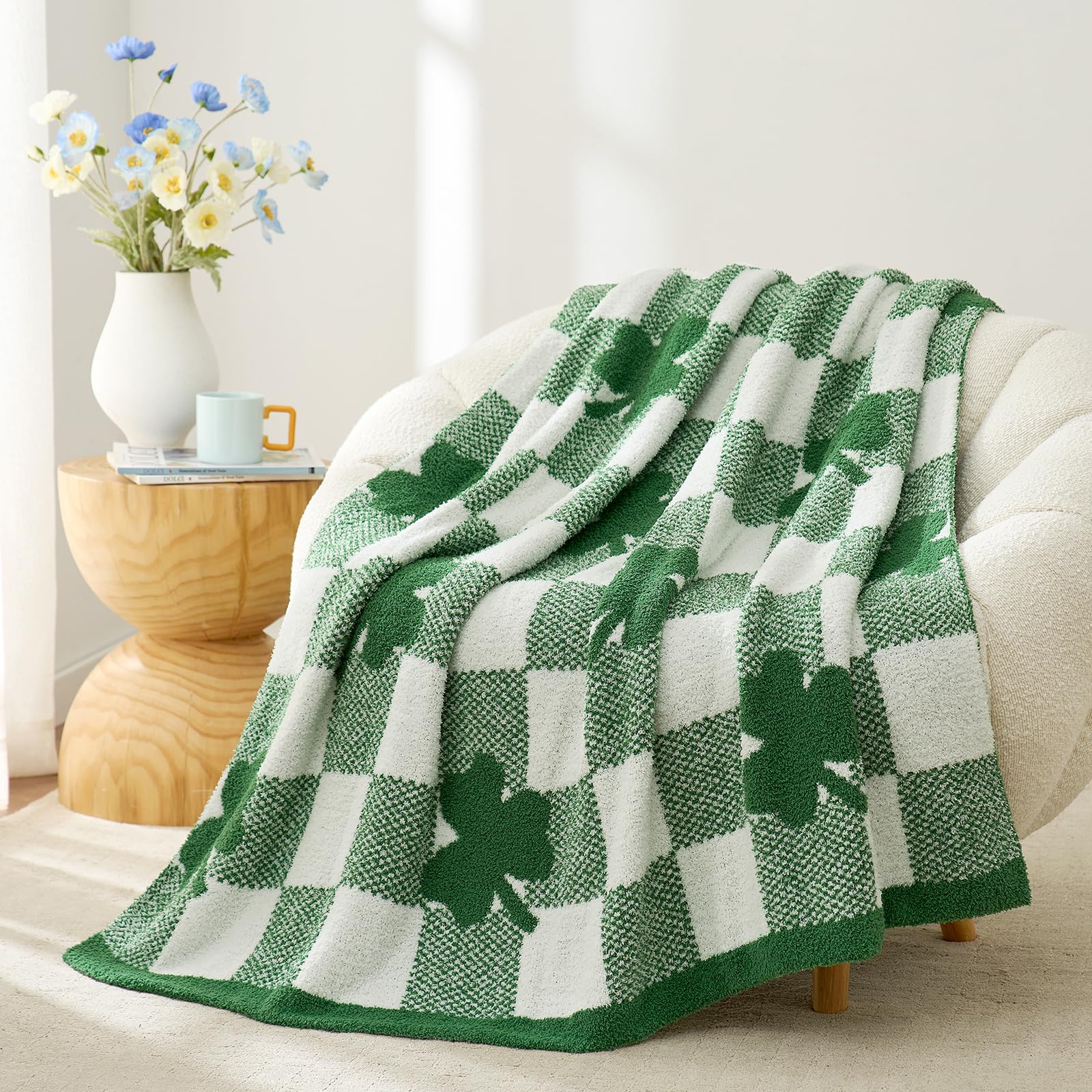 Snuggle Sac front view of green shamrock throw showing festive design and cozy appeal