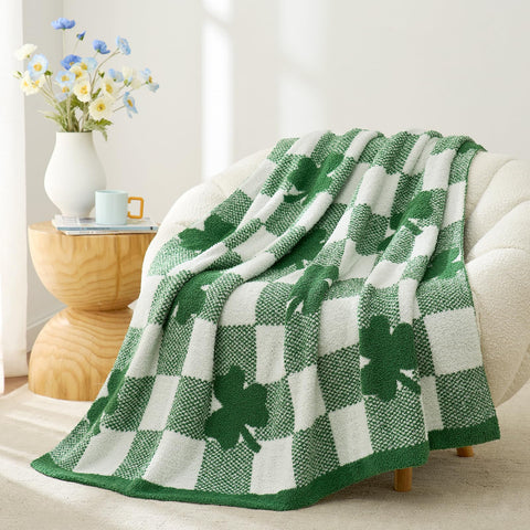 Snuggle Sac front view of green shamrock throw showing festive design and cozy appeal