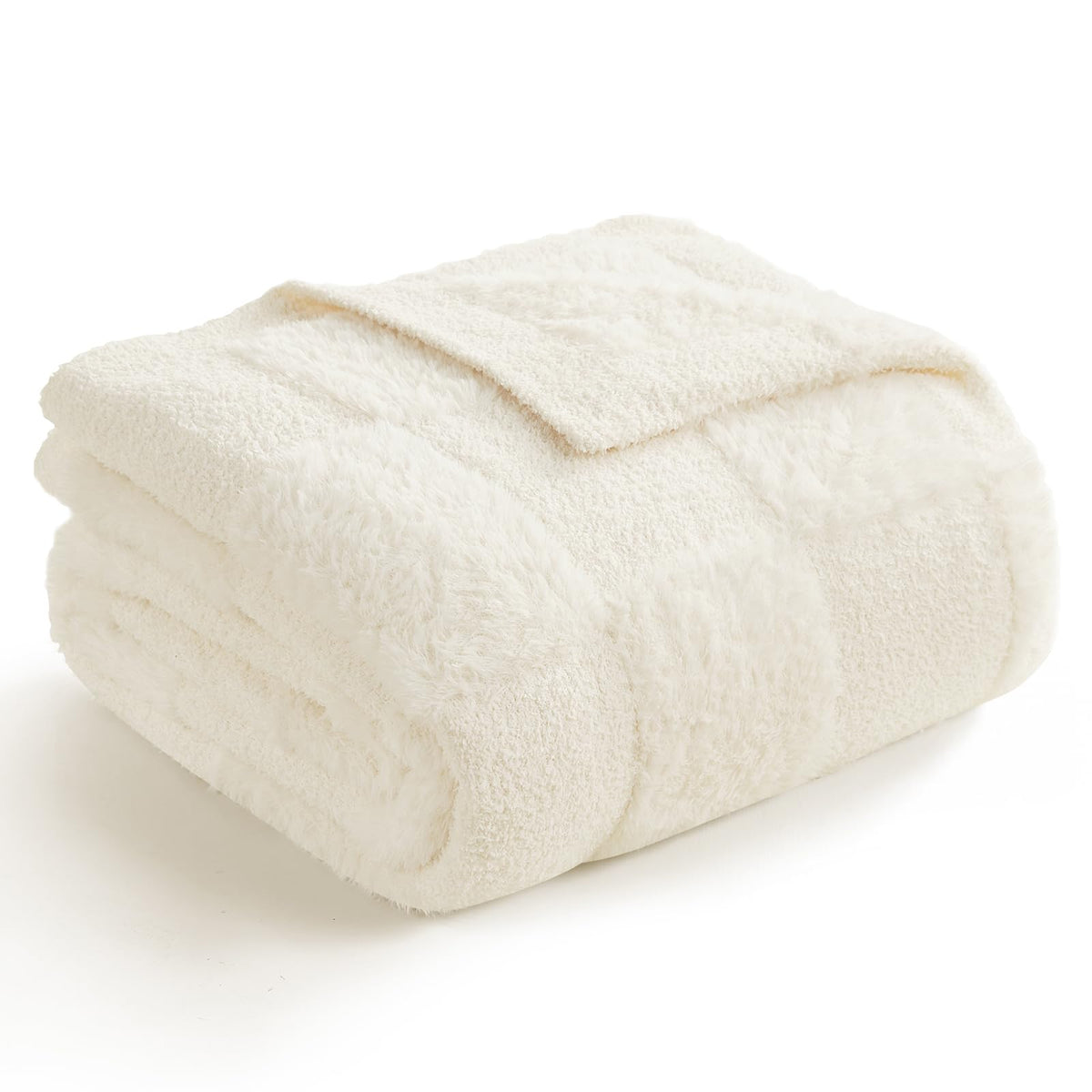 Snuggle Sac front view of ivory throw showcasing checkered pattern and elegant finish