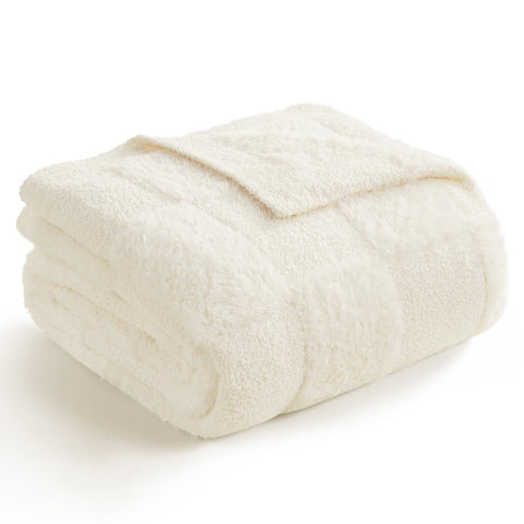 Snuggle Sac front view of ivory throw showcasing checkered pattern and elegant finish