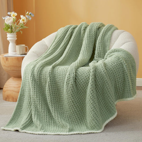 Snuggle Sac sage green throw front view showing neat edges and color, enhances living room comfort