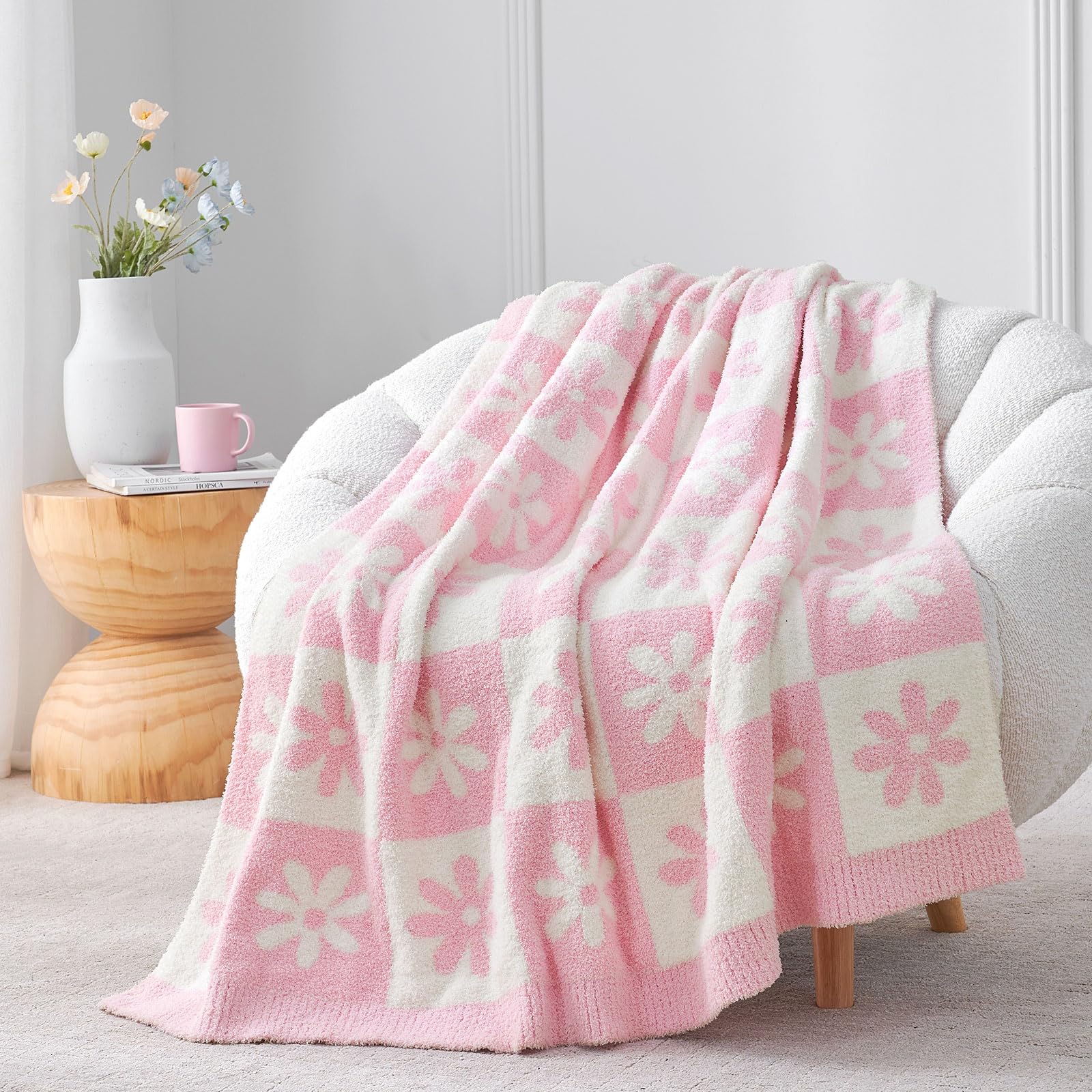 Snuggle Sac front view of checkered pink flower throw showing pattern and warmth