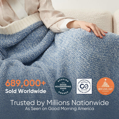 Snuggle Sac draped over sofa showing Heather Blue styling benefit