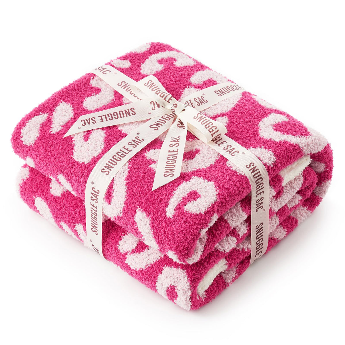 Snuggle Sac front view showing hot pink leopard throw on couch adds instant style