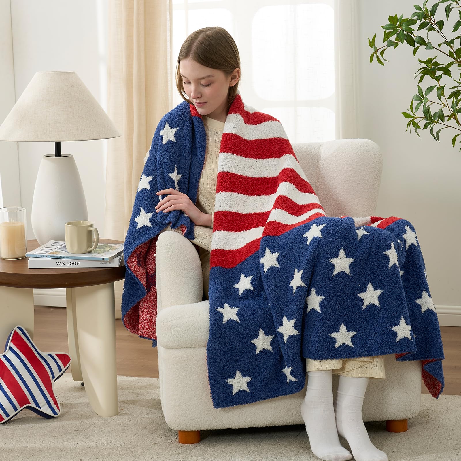Snuggle Sac draped on sofa creating warm, patriotic living room benefit
