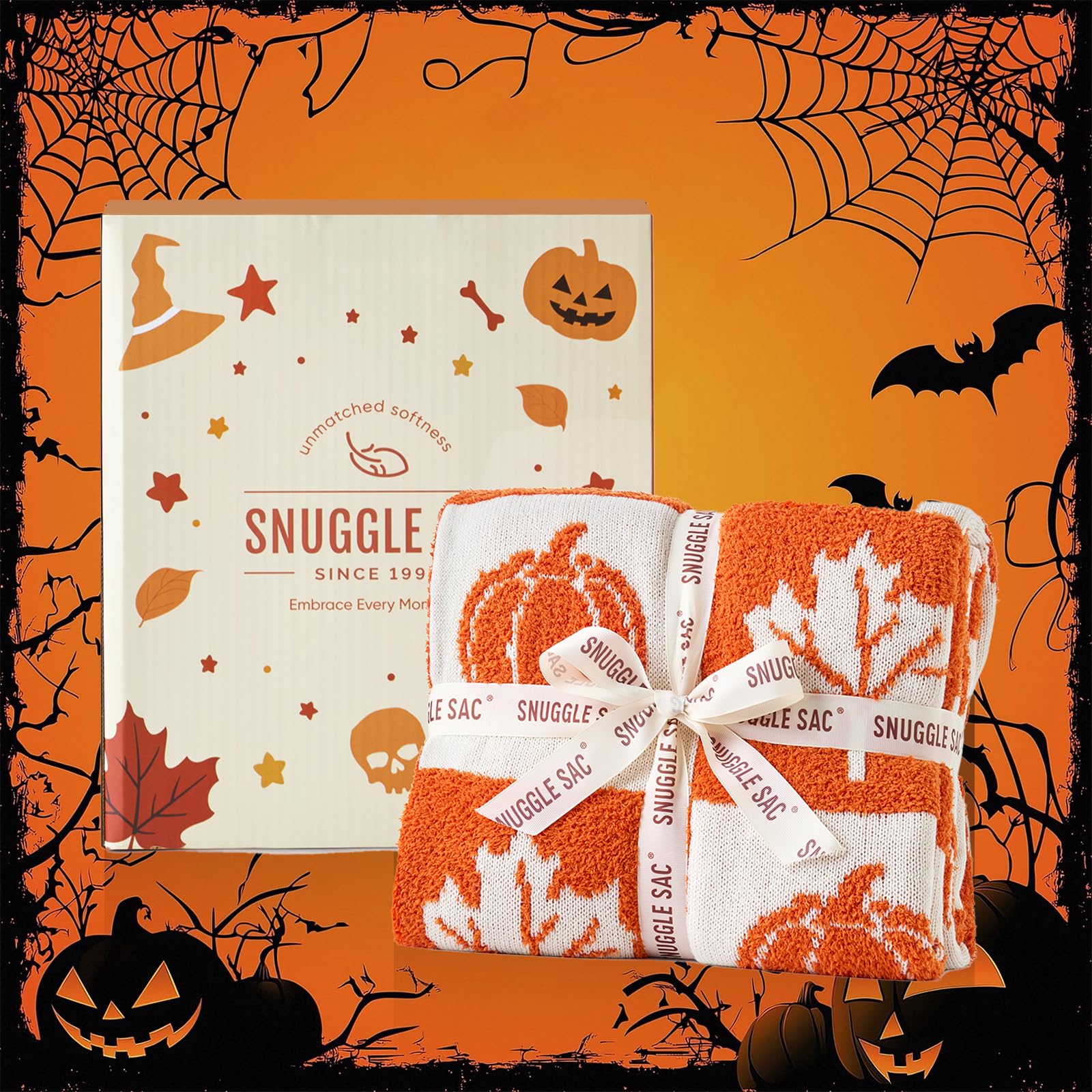 Snuggle Sac pumpkin and maple leaf pattern detail conveying autumn style