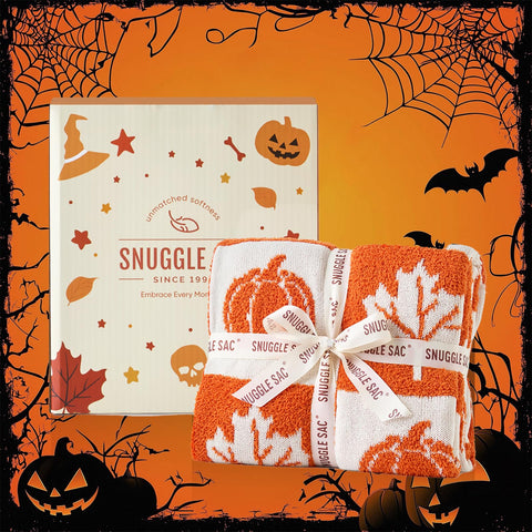 Snuggle Sac pumpkin and maple leaf pattern detail conveying autumn style