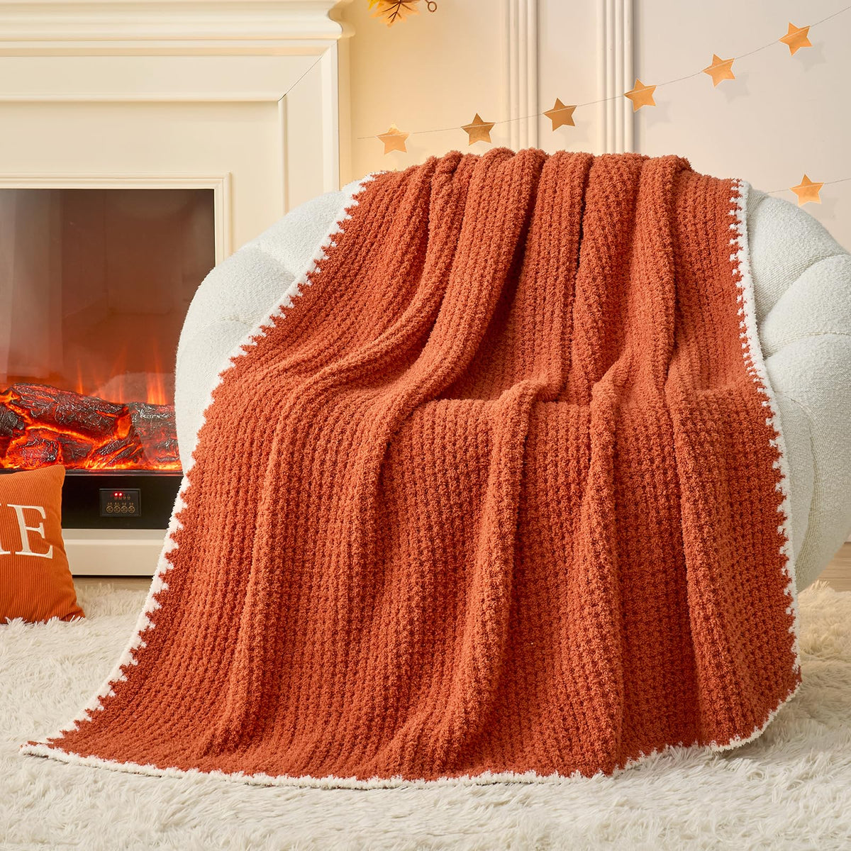 Snuggle Sac front view of orange waffle throw showing full blanket and edges; cozy accent
