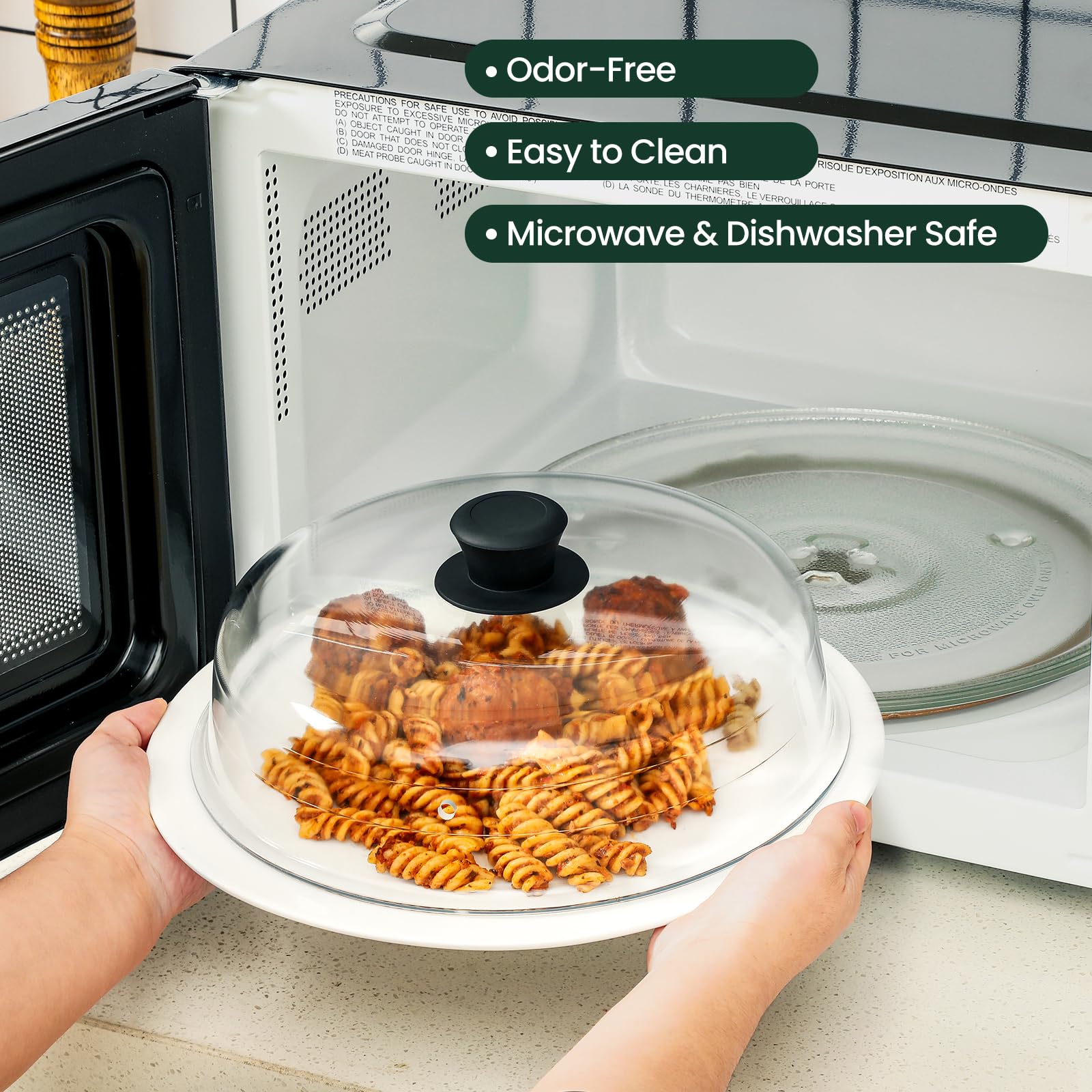 Close-up of Snuvid glass cover handle for easy, steam-safe removal