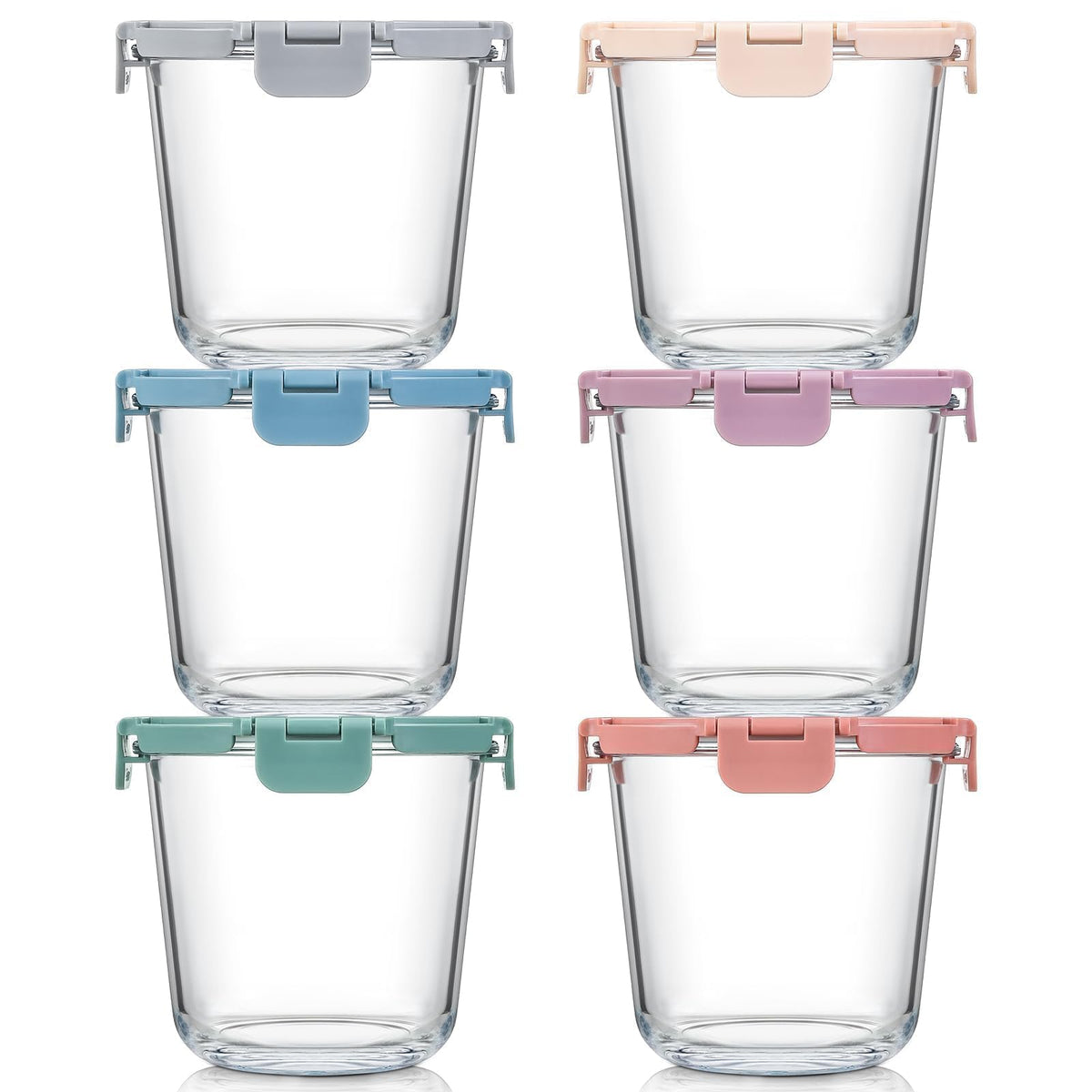 Snuvid front packaging showing six 24oz glass containers and lids, organized for quick prep