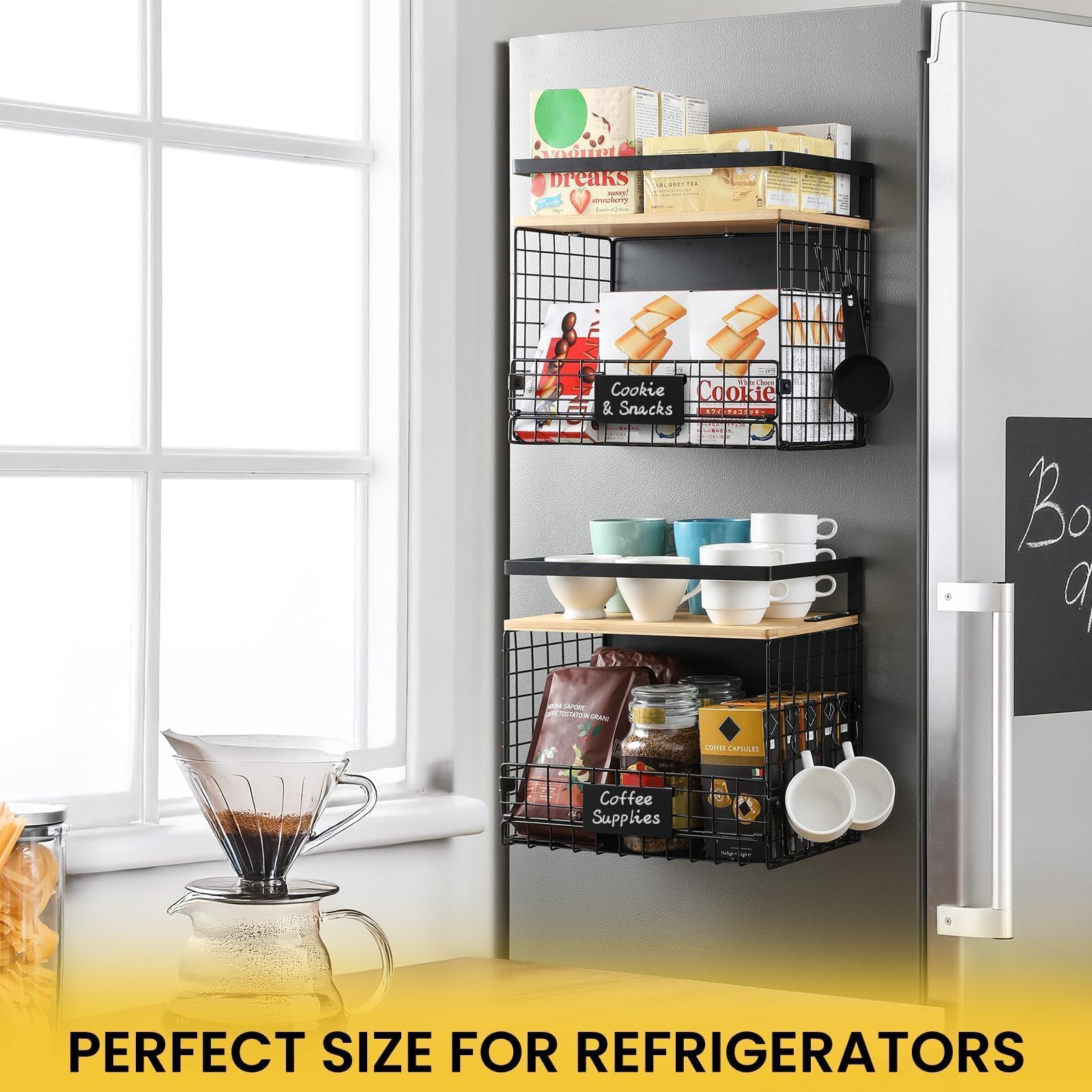 Snuvid S-hooks hanging bananas and mugs to free shelf space
