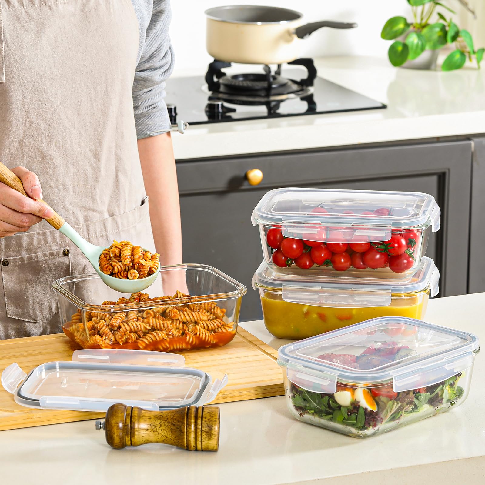 Snuvid container beside common kitchen items showing true size and capacity