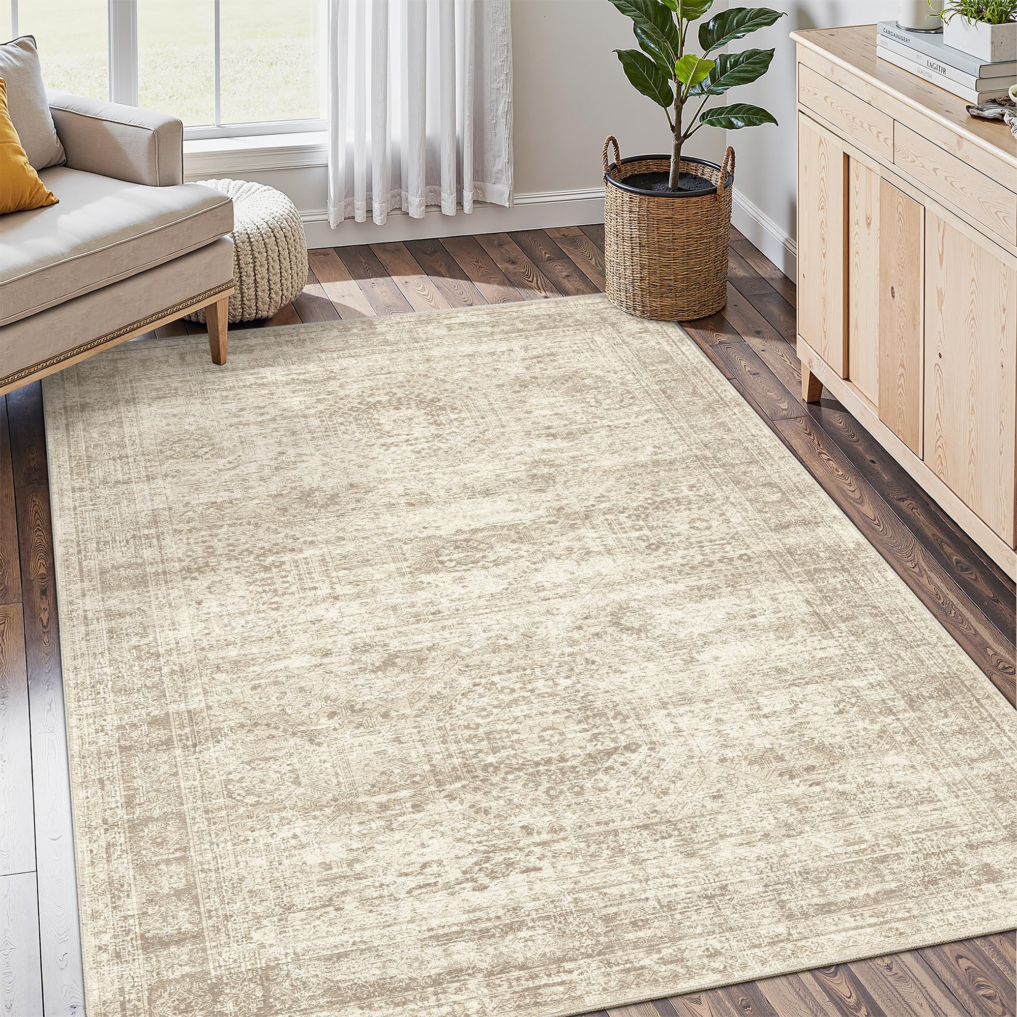 Soalmost 4x6 beige rug front view showing clean modern appeal and comfy look