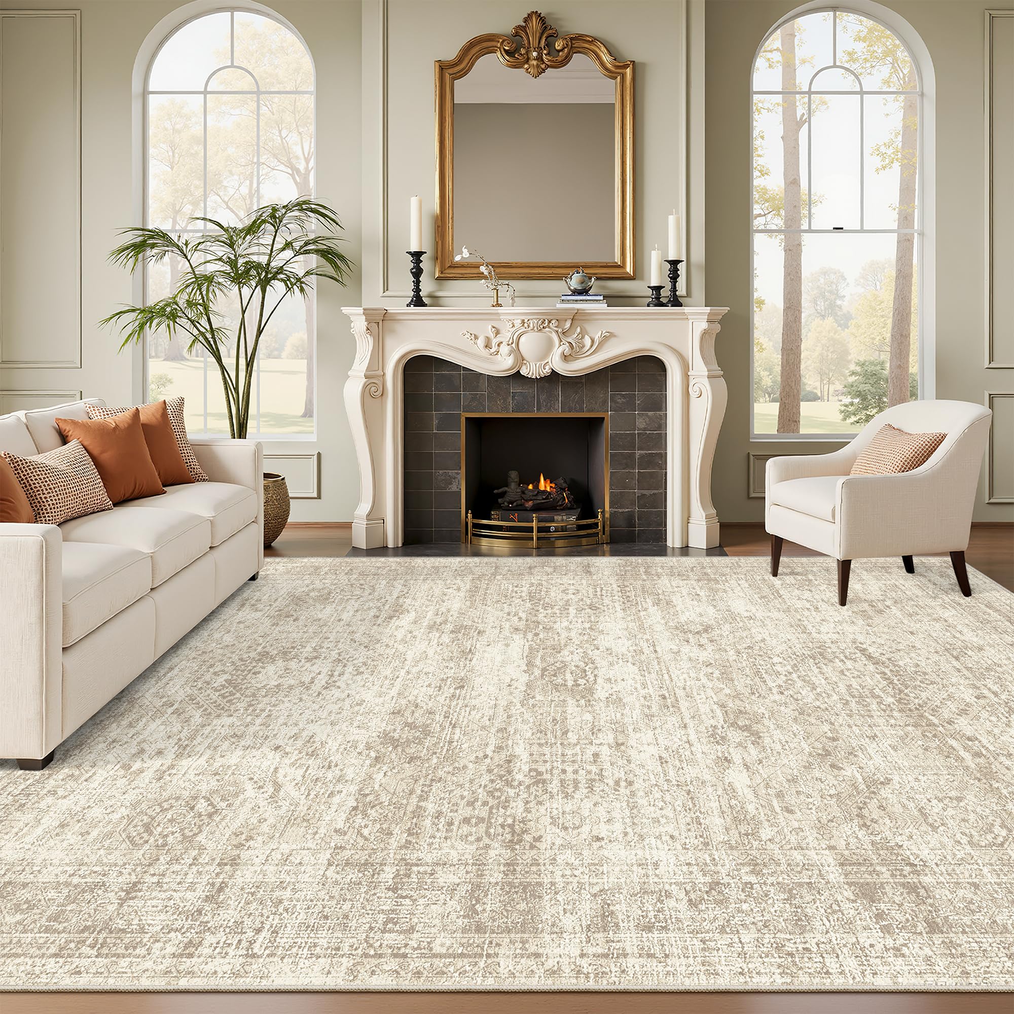 Soalmost front view of 8x10 beige rug showing overall design and balance