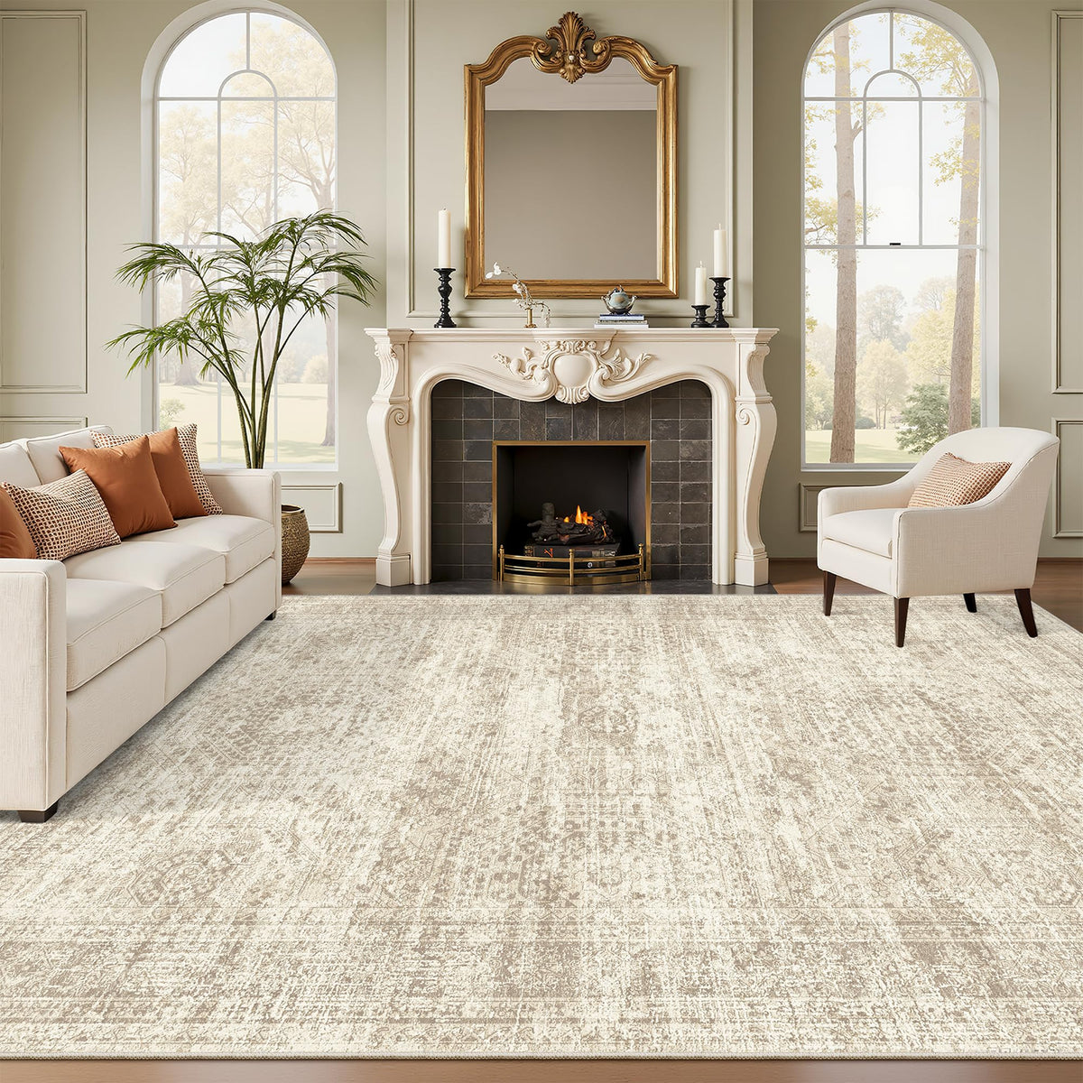Soalmost front view of 8x10 beige rug showing overall design and balance