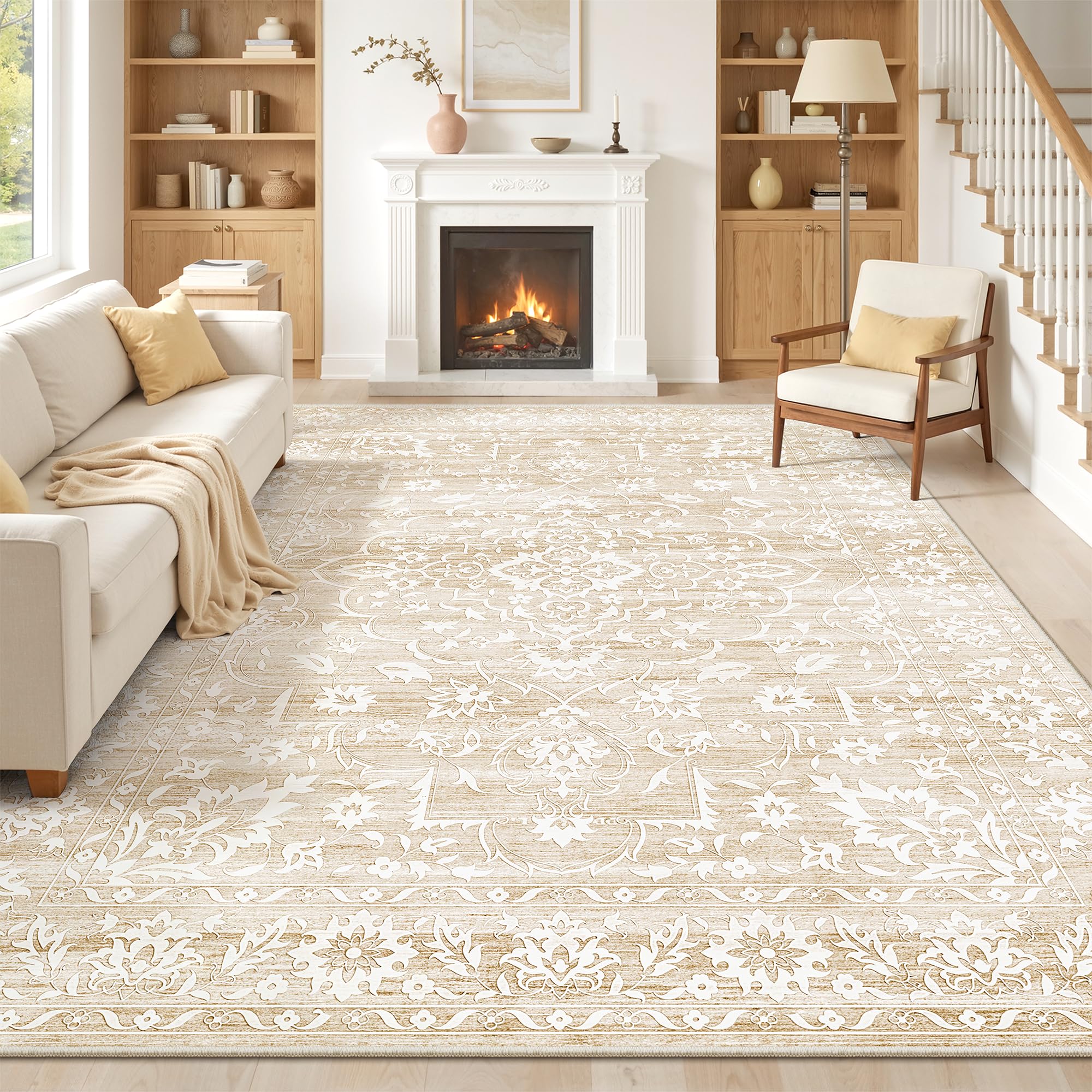 Soalmost front view of 8x10 beige rug showing neutral style and modern appeal