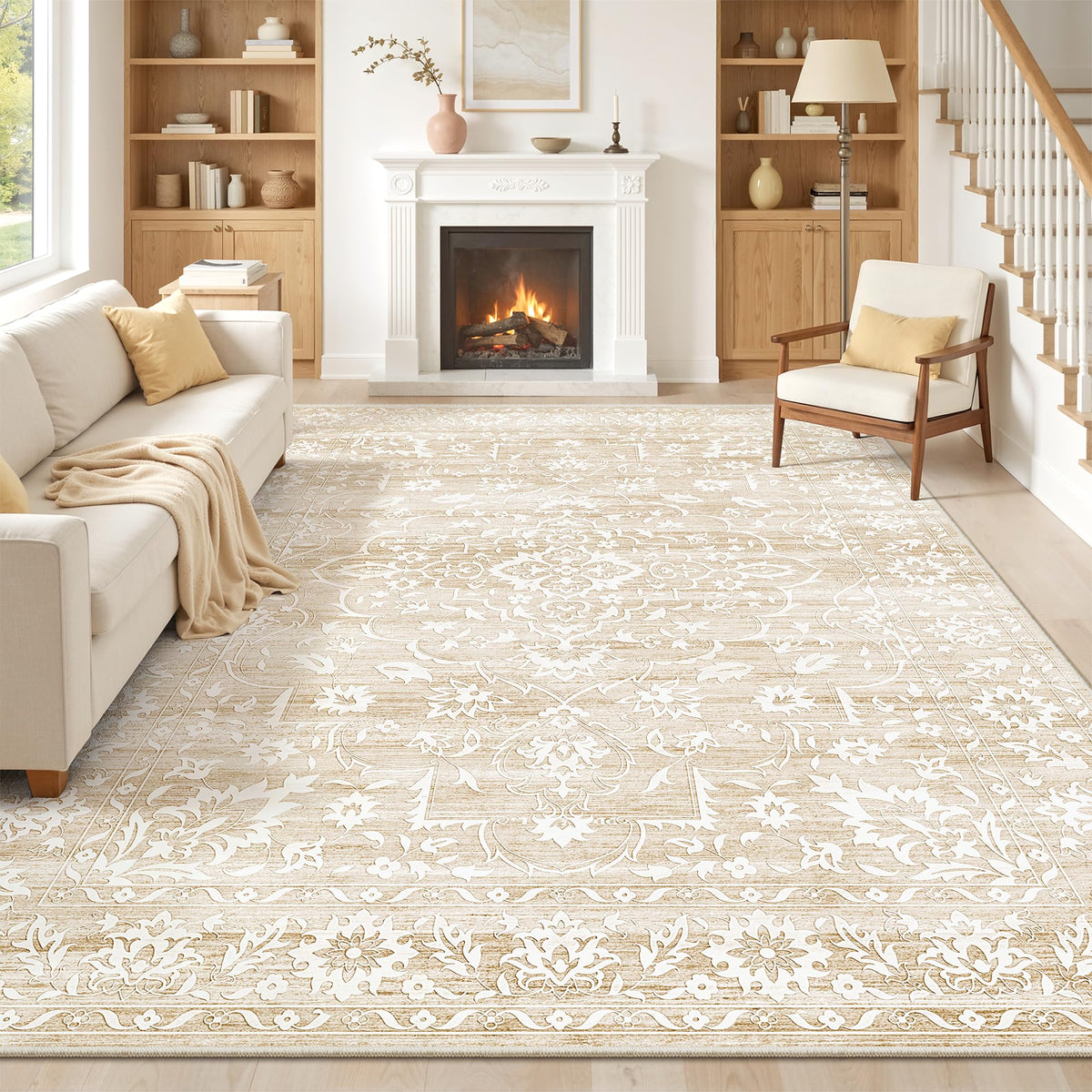 Soalmost front view of 8x10 beige rug showing neutral style and modern appeal