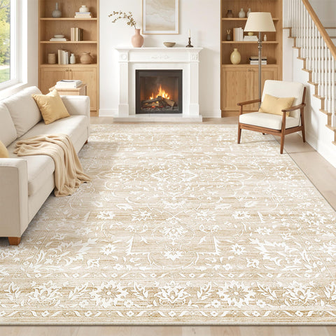 Soalmost front view of 8x10 beige rug showing neutral style and modern appeal
