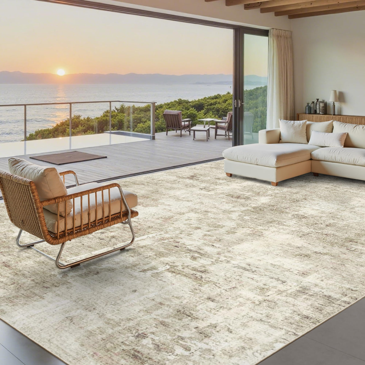 Soalmost front view of 8x10 rug showing neutral abstract pattern and room benefit
