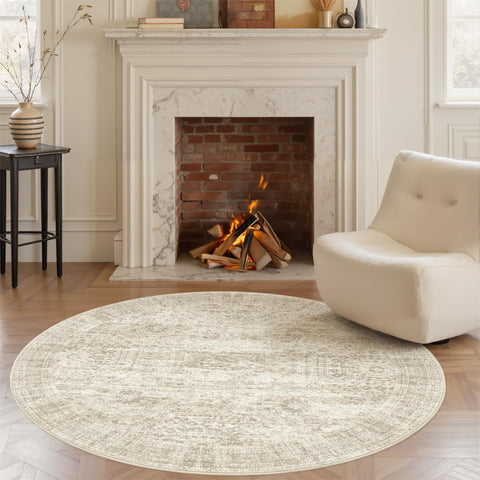 Soalmost beige round rug front view showing neutral design and versatile placement