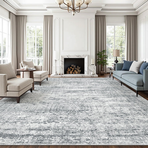 Soalmost front view of 12x15 abstract grey rug showing modern design and calm tones