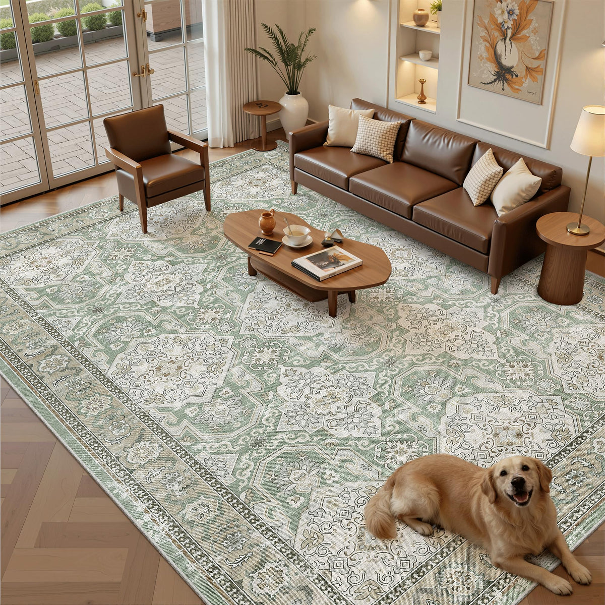Soalmost front view of 8x10 rug showing pattern and placement - durable style