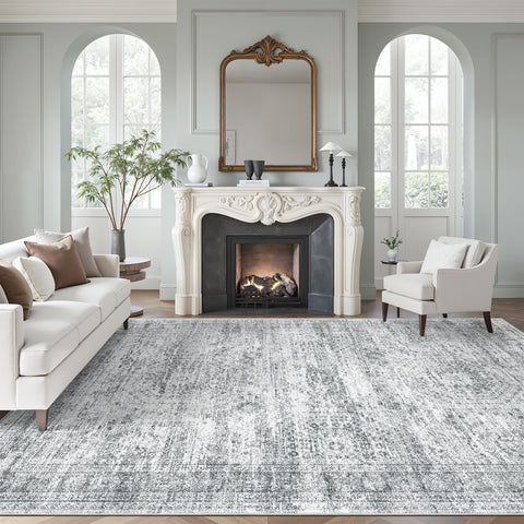 Soalmost front view of 8x10 grey rug showing modern look and comfort
