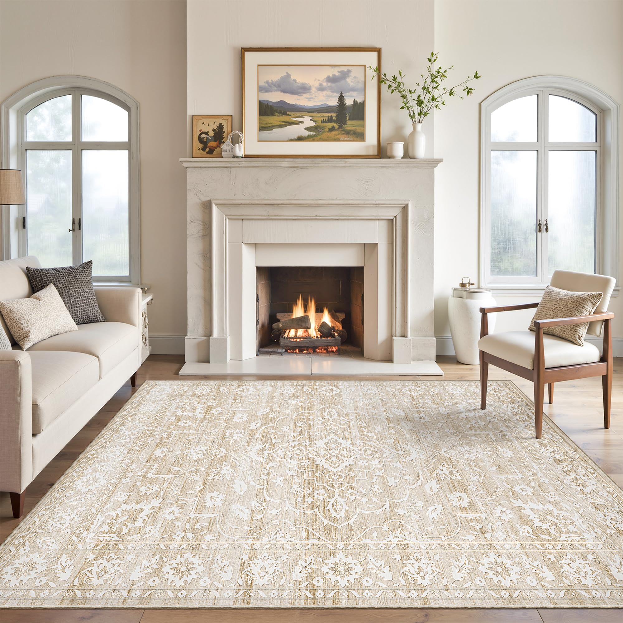Soalmost front view beige 5x7 rug showing neutral tone and clean edges for versatility