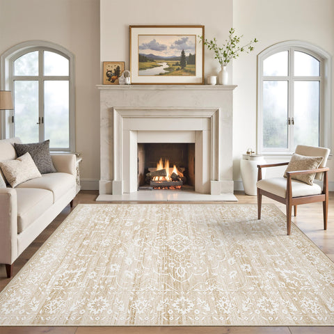 Soalmost front view beige 5x7 rug showing neutral tone and clean edges for versatility