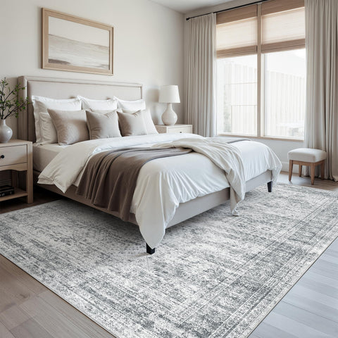 Soalmost rug styled in living room adding calm, cohesive decor