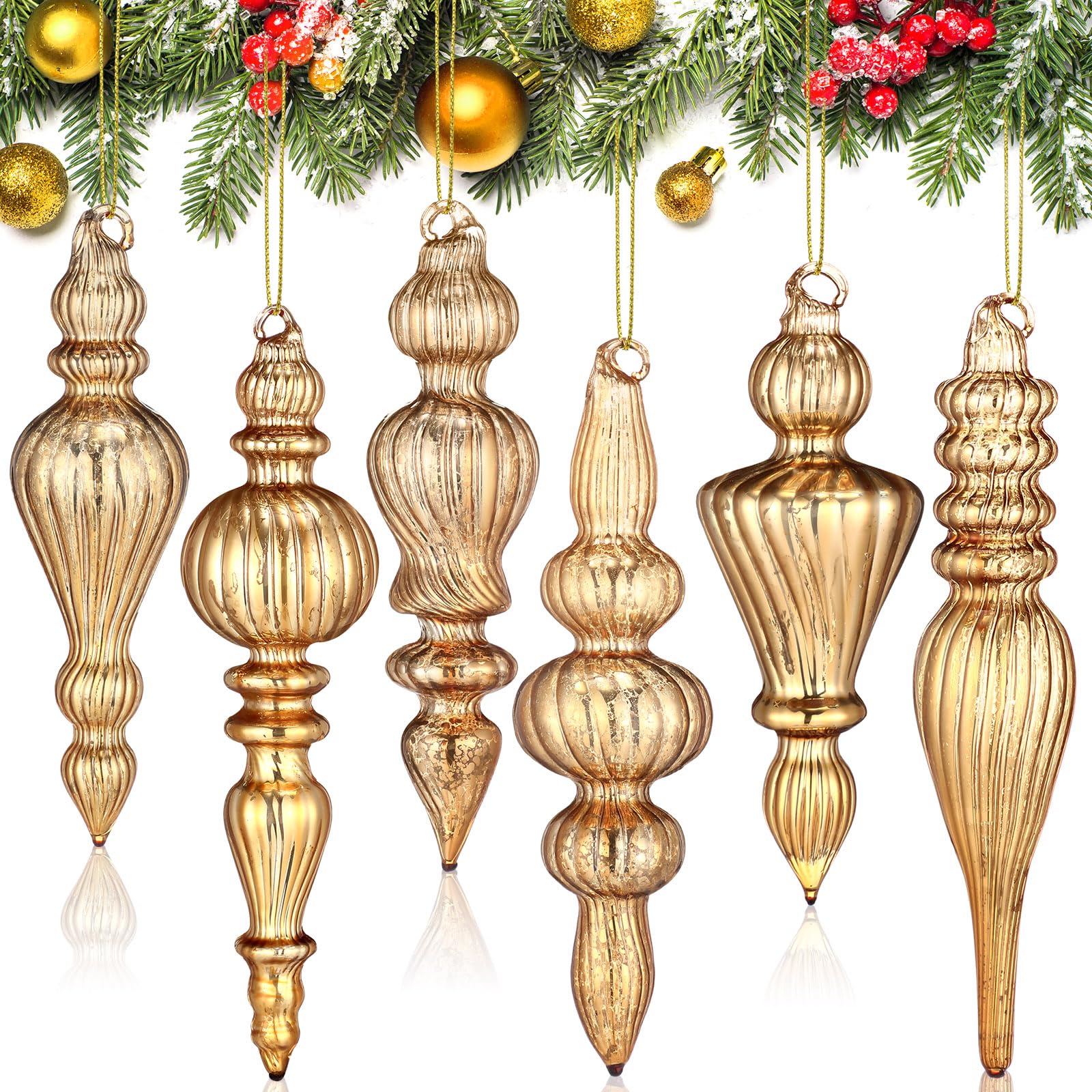 Soaoo front view of six rose gold finials showcasing elegant holiday sparkle