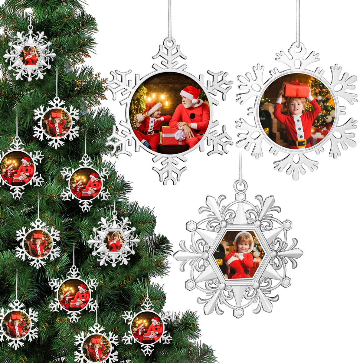 Soaoo front packaging showing 15 snowflake ornaments and included template for quick setup