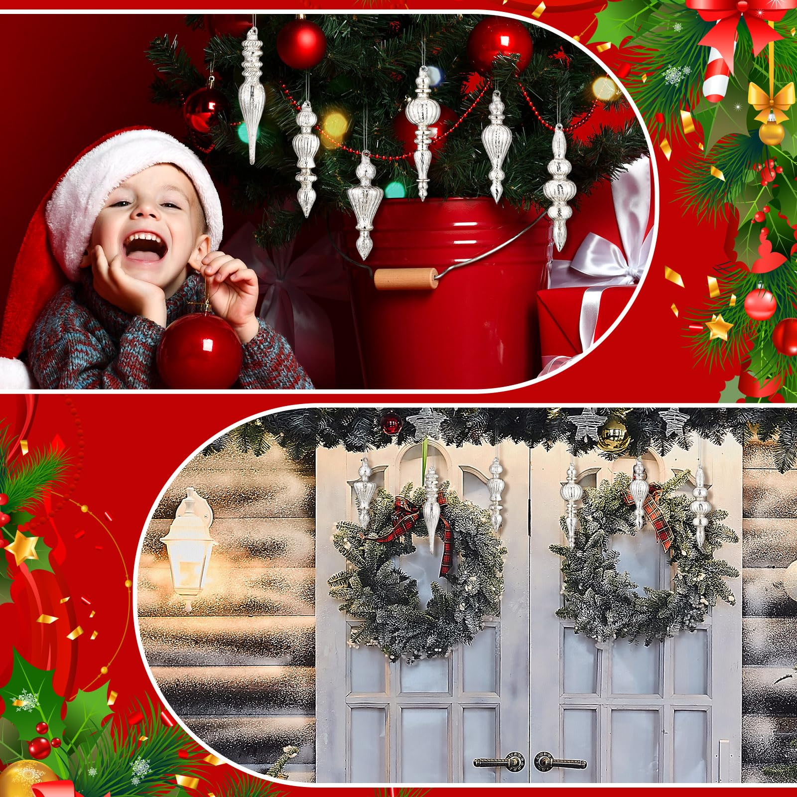 Soaoo finials styled on mantel, illustrates festive focal-point styling