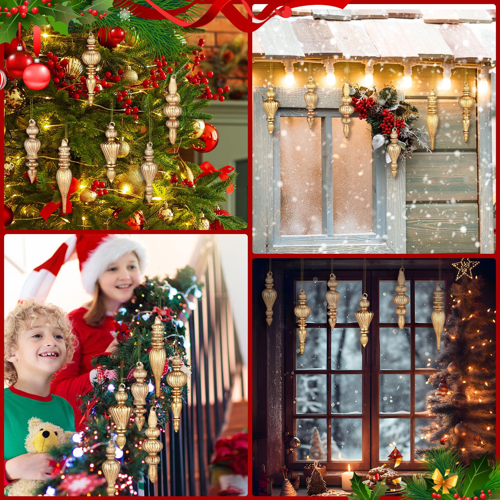 Soaoo mantel display with finials adding warm rose gold holiday ambiance