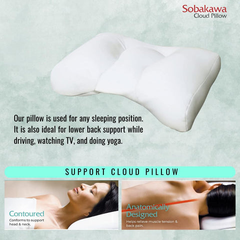 Sobakawa pillow next to a hand for scale showing portable, lightweight size