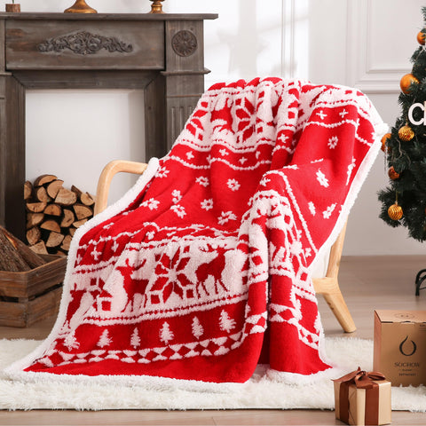 SOCHOW front view of red holiday throw showcasing festive pattern and cozy look