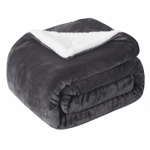 SOCHOW front view of dark grey sherpa throw showing full blanket and hem, cozy look