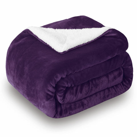 SOCHOW sherpa throw front view showing aubergine color and neat edges for stylish warmth