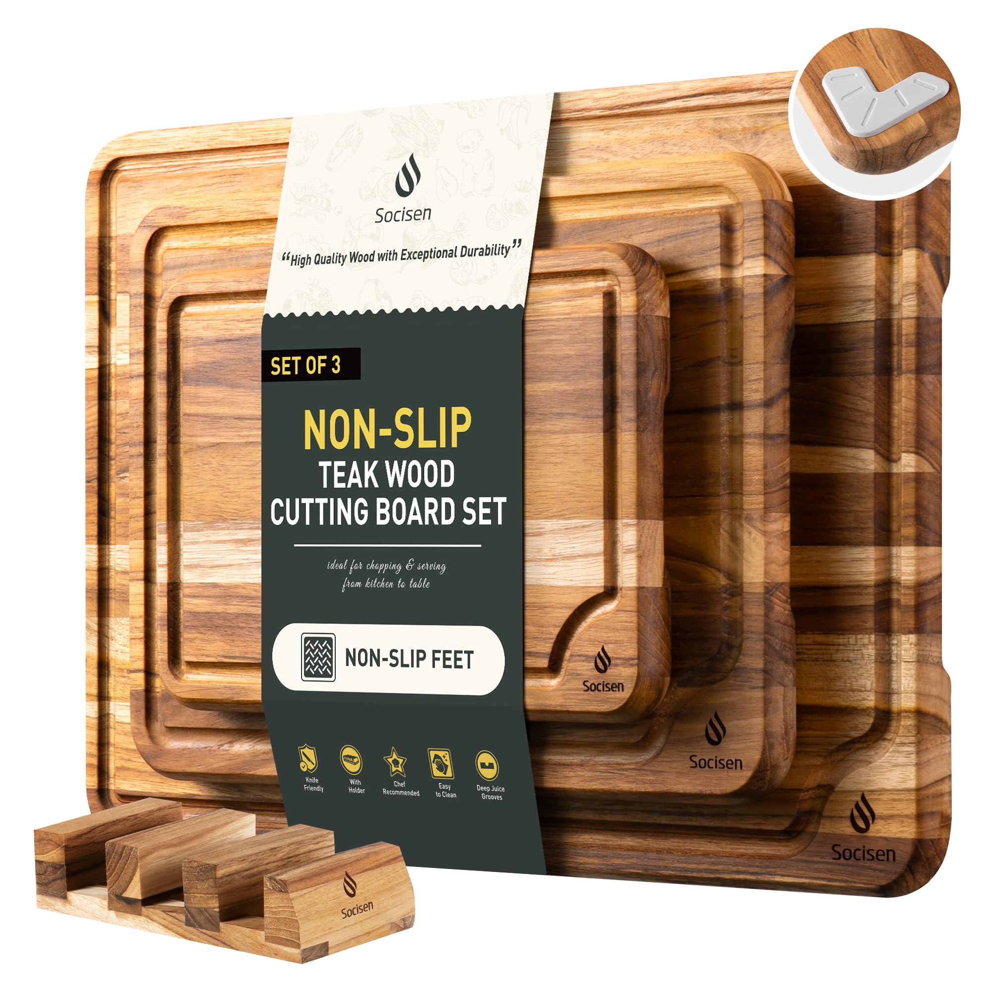 Socisen front packaging of 3 teak boards showcasing sizes and sustainability benefit