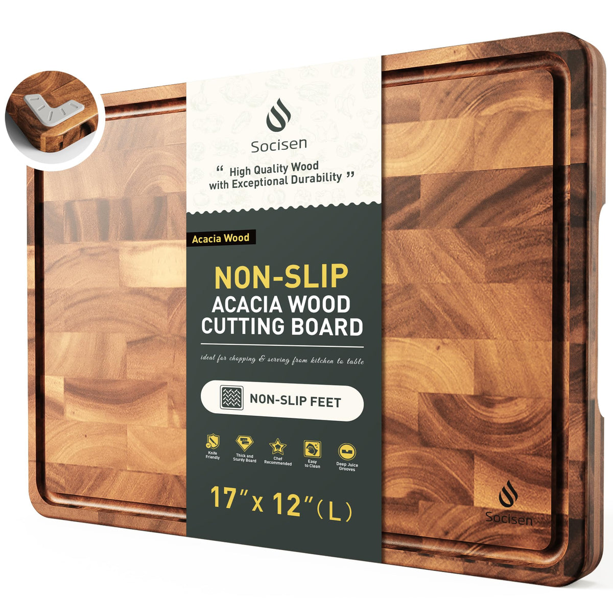 Socisen front view of end-grain board showing stable chopping surface and elegant pattern