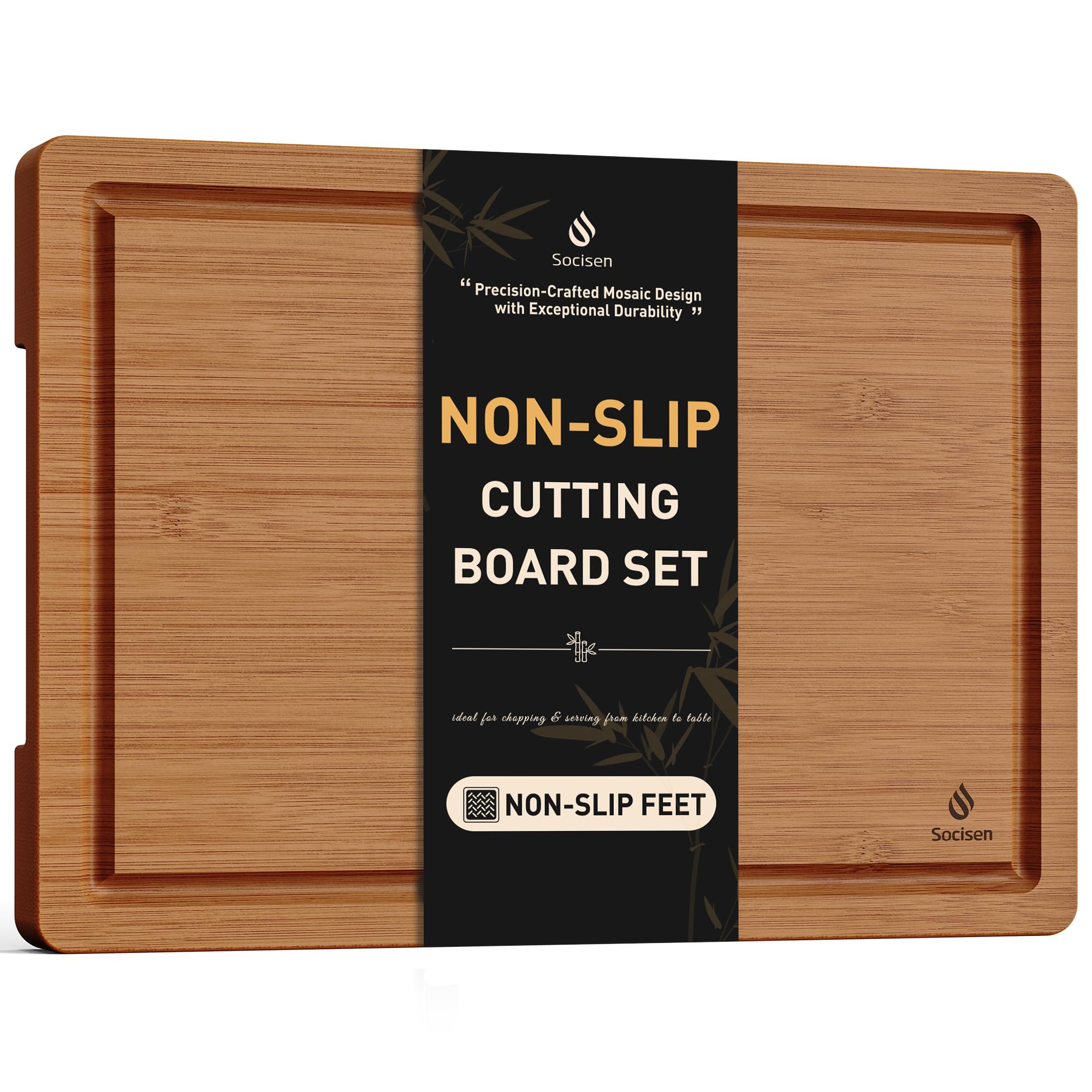 Socisen front view of extra large bamboo board showing full cutting surface and benefit of roomy prep