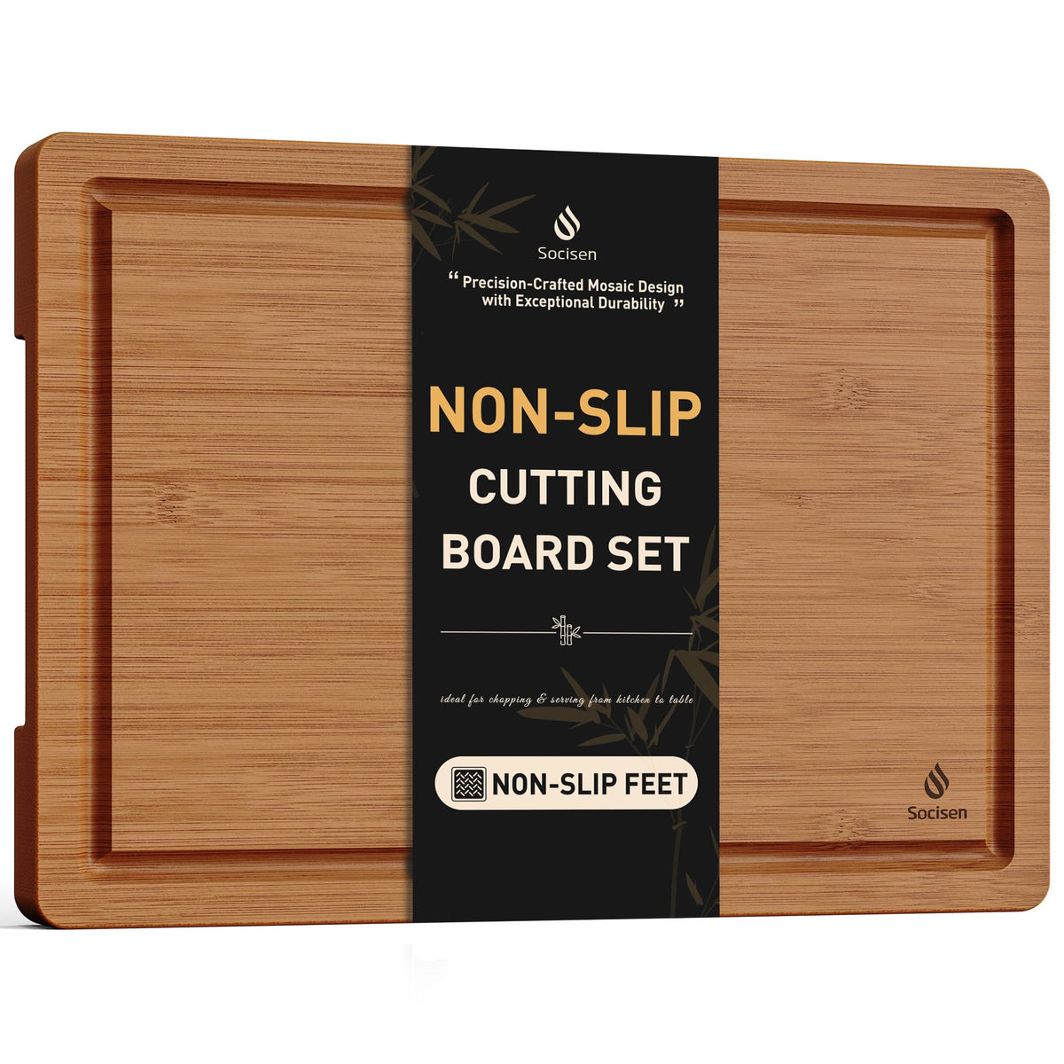 Socisen front view of extra large bamboo board showing full cutting surface and benefit of roomy prep