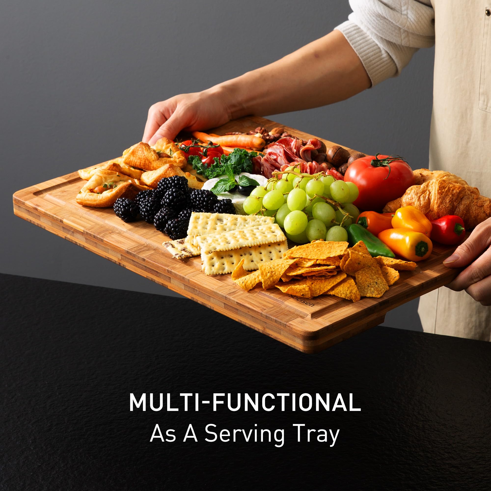 Socisen used as serving board with charcuterie illustrating presentation-ready look